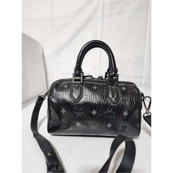 Authentic MCM Visetos Mini Ella Boston Bag Black/Grey - Picture 3 of 13
